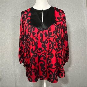 Badgley Mishka Silk Blouse Small Balloon Long Sleeves Red Black Moire Scroll